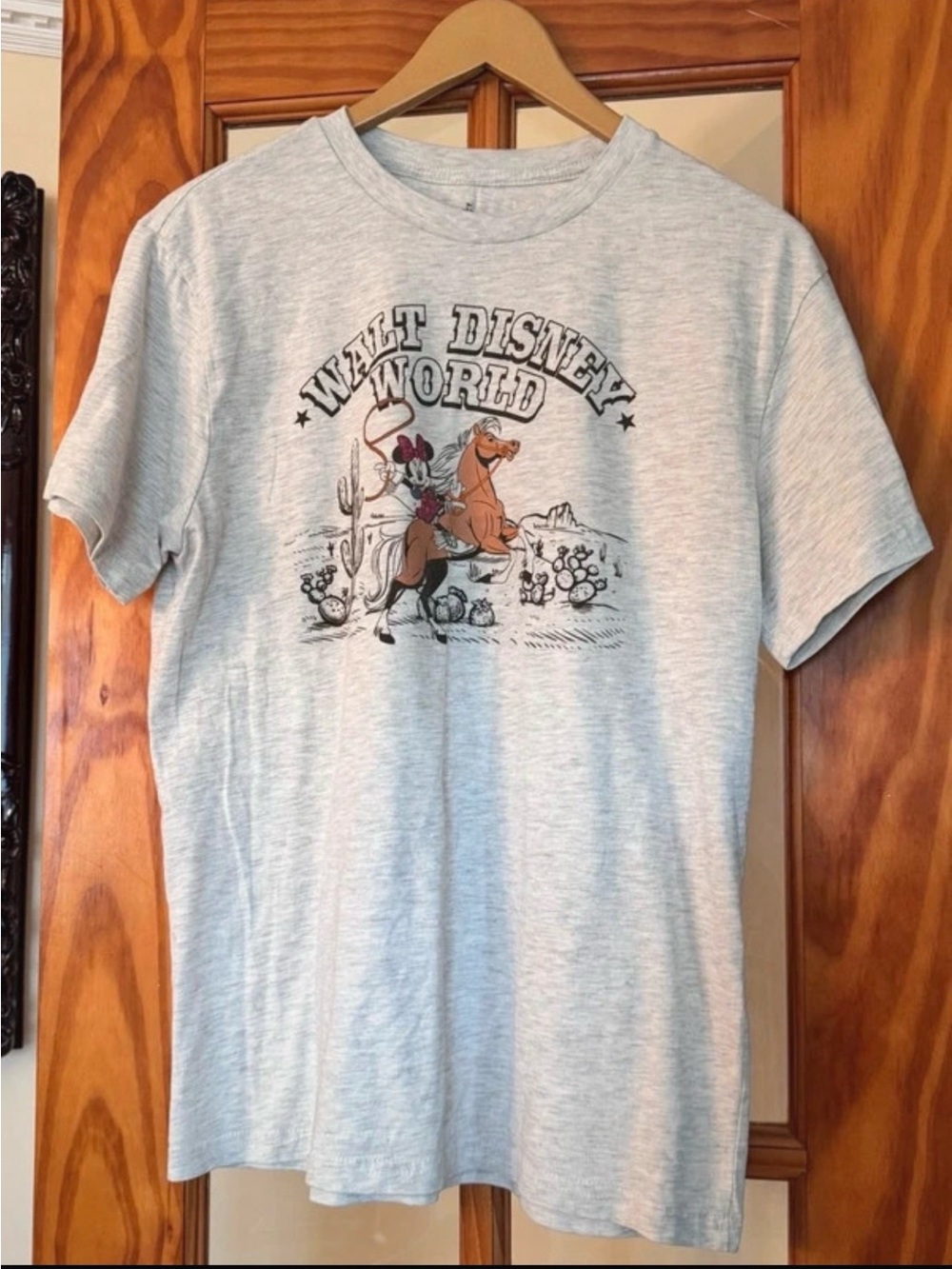 Rare Walt Disney World Gray Tee with Multicolor Western Minnie Print